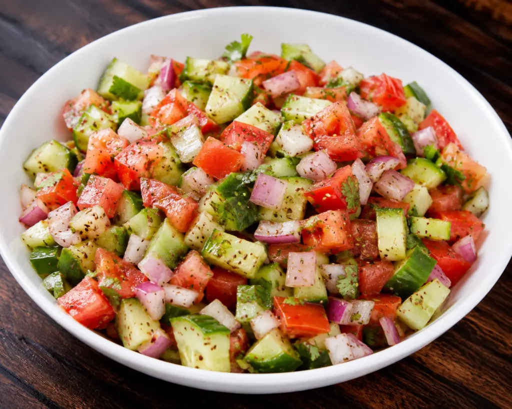 Kachumber Salad - Mix of diced tomatoes, onions, cucumbers, and spices topped with a vinaigrette dressing - low calorie indian foods